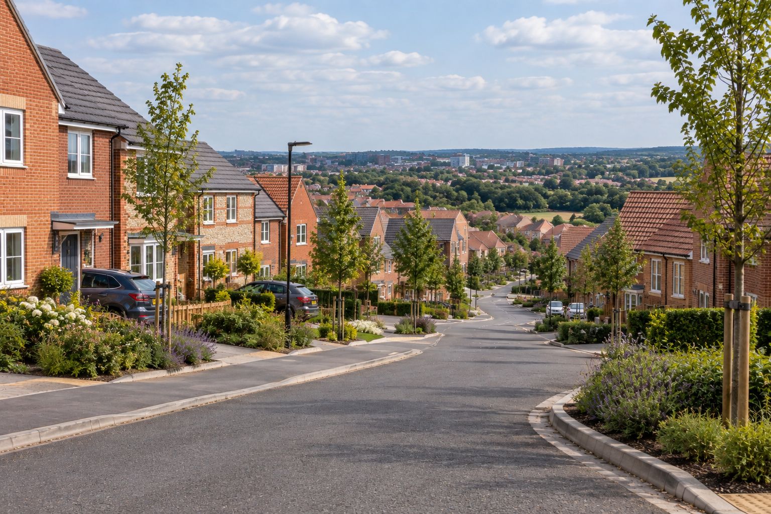 New homes along a tree-lined residential street with views across the town