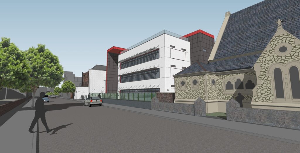 Street-level visualisation of Heathfield Academy beside a stone church